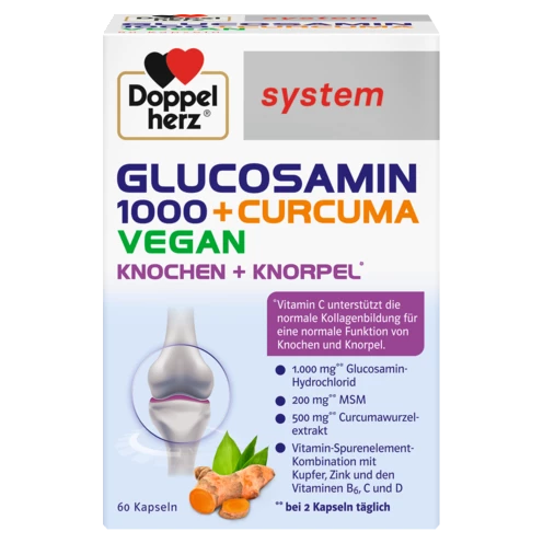 Abbildung der Produktverpackung Doppelherz system GLUCOSAMIN 1000 + CURCUMA VEGAN Frontansicht